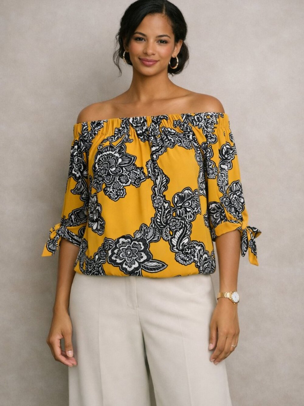 Express Off Shoulder Bold Print Blouse Top Elbow Length Sleeves   Size Small